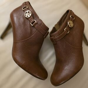 Coach Tan Leather Heeled Boots with Gold Accents